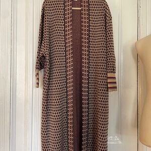 Long Knit Duster Coat / Cardigan in Mauve, Gold and Black